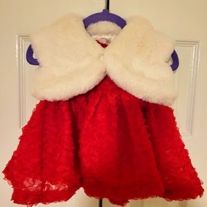 Red Rosette Mesh Dress with White Fux Fur Vest size 3 to 6 month